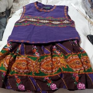 Cullinane Purple Sweater Vest Top and Colorful Skirt Set Sz 12